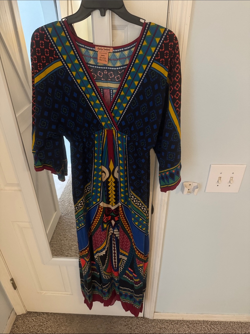 Flying Tomato Bohemian V-Neck Midi Dress in Navy and Multicolor